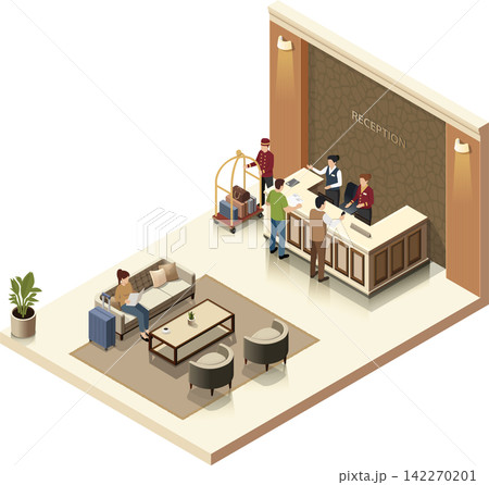 Hotel reception lobby with guests checking in Hotel reception lobby with guests checking in 142270201