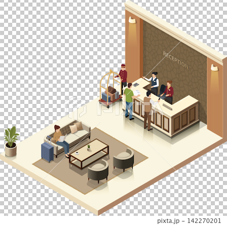 Hotel reception lobby with guests checking in Hotel reception lobby with guests checking in 142270201