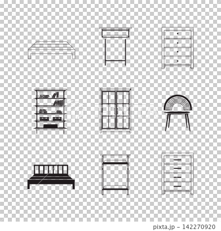 This image shows a set depicting various pieces of home furniture, including a bed, a bookshelf, a wardrobe, and dressers This image shows a set depicting various pieces of home furniture, including a bed, a bookshelf, a wardrobe, and dressers 142270920