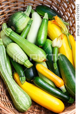 Close-up of basket with mixed zucchini Close-up of basket with mixed zucchini 142270952