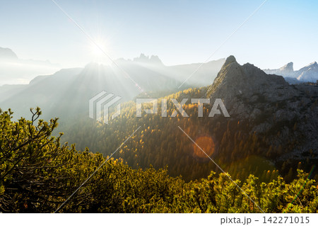 Sunbeams break through mountain haze above autumn forests Sunbeams break through mountain haze above autumn forests 142271015