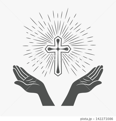 Black and White Open Hands Silhouette with Cross and Rays, Vector Illustration. Symbol of Faith and Prayer. Design Template for Church Logo. Prayer, Religion Concept. Monochrome Cut Out Icon 142271086