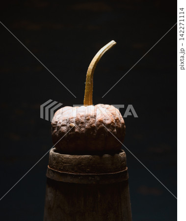 Small pumpkin on wooden base against dark background 142271114