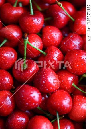 Macro background of fresh cherries with water droplets Macro background of fresh cherries with water droplets 142271177