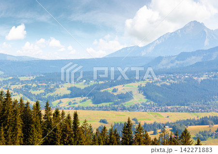mountain landscape of Poland in late summertime. wonderful view of High Tatra ridge above Zakopane village valley. vacation place in Europe mountain landscape of Poland in late summertime. wonderful view of High Tatra ridge above Zakopane village valley. vacation place in Europe 142271883