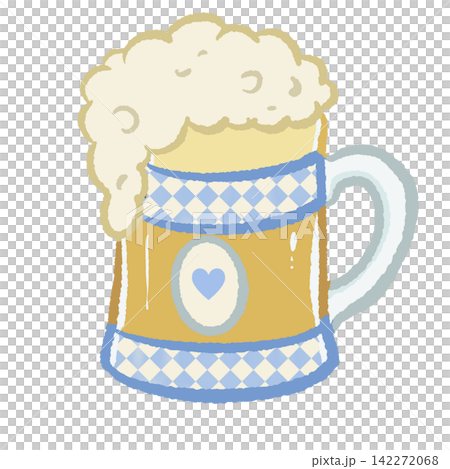 Cute foamy beer stein with blue Bavarian diamond pattern and heart detail Oktoberfest drink illustration Cute foamy beer stein with blue Bavarian diamond pattern and heart detail Oktoberfest drink illustration 142272068