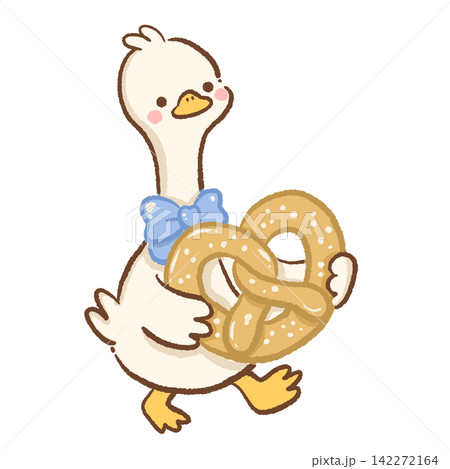 Cute long neck goose wearing a blue bow tie carrying a giant salted pretzel Oktoberfest Bavarian food illustration Cute long neck goose wearing a blue bow tie carrying a giant salted pretzel Oktoberfest Bavarian food illustration 142272164