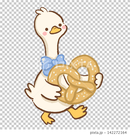 Cute long neck goose wearing a blue bow tie carrying a giant salted pretzel Oktoberfest Bavarian food illustration Cute long neck goose wearing a blue bow tie carrying a giant salted pretzel Oktoberfest Bavarian food illustration 142272164