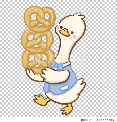 Cute long neck goose wearing a blue vest carrying a stack of three giant pretzels Oktoberfest festival illustration Cute long neck goose wearing a blue vest carrying a stack of three giant pretzels Oktoberfest festival illustration 142272165