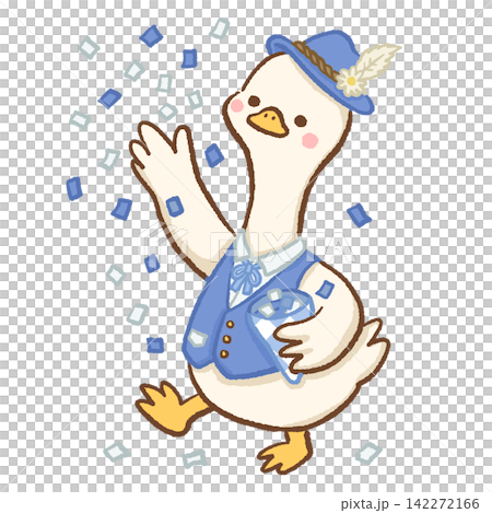 Cute long neck goose wearing traditional blue Bavarian outfit and alpine hat tossing blue confetti Oktoberfest celebration illustration Cute long neck goose wearing traditional blue Bavarian outfit and alpine hat tossing blue confetti Oktoberfest celebration illustration 142272166