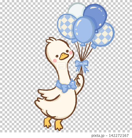 Cute long neck goose wearing a blue bow tie holding blue and Bavarian diamond balloons Oktoberfest party illustration 142272167