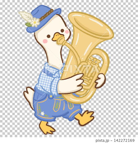 Cute long neck goose wearing Bavarian lederhosen and alpine hat playing a large brass tuba Oktoberfest parade illustration Cute long neck goose wearing Bavarian lederhosen and alpine hat playing a large brass tuba Oktoberfest parade illustration 142272169