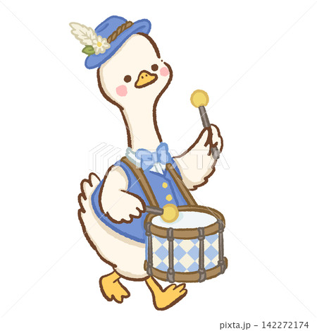 Cute long neck goose wearing blue Bavarian vest playing a traditional marching drum Oktoberfest parade illustration 142272174