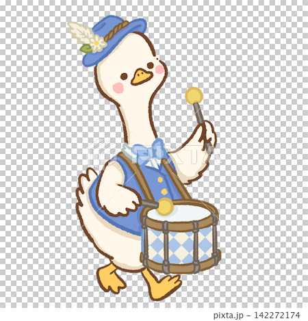 Cute long neck goose wearing blue Bavarian vest playing a traditional marching drum Oktoberfest parade illustration 142272174