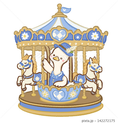 Cute long neck goose riding a blue and gold Bavarian carousel with horses Oktoberfest fairground illustration 142272175
