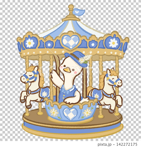 Cute long neck goose riding a blue and gold Bavarian carousel with horses Oktoberfest fairground illustration 142272175