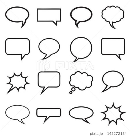 The image shows a collection of 16 blank vector outline speech and thought bubbles, commonly used in comics, cartoons, and graphic design 142272184