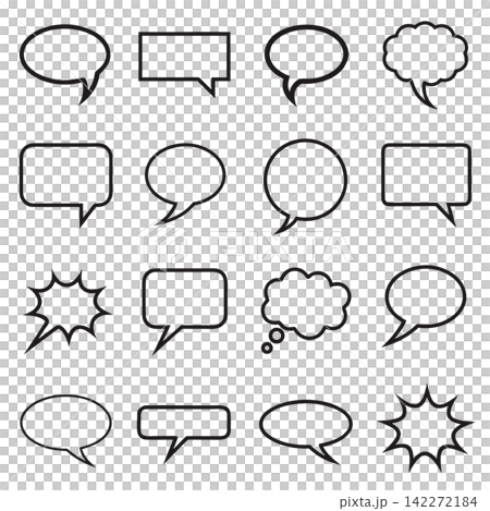 The image shows a collection of 16 blank vector outline speech and thought bubbles, commonly used in comics, cartoons, and graphic design 142272184