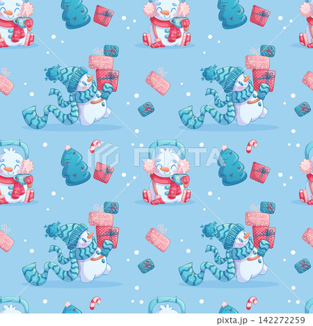 Seamless pattern with cute snowmen in hats and scarves, Christmas tree, gift box. Smiling characters. Vector illustration for postcard design, printing, textiles, wallpaper Seamless pattern with cute snowmen in hats and scarves, Christmas tree, gift box. Smiling characters. Vector illustration for postcard design, printing, textiles, wallpaper 142272259