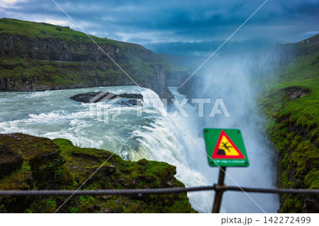Gullfoss Waterfall Iceland with Hazard Warning Sign Gullfoss Waterfall Iceland with Hazard Warning Sign 142272499
