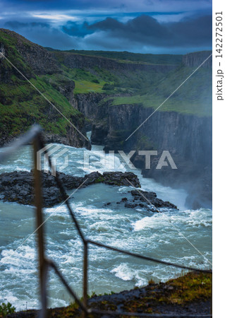 Dramatic Icelandic Canyon with Turquoise River and Basalt Cliffs 142272501