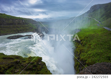 Gullfoss Waterfall Iceland Powerful Cascading Water Moss Covered Cliffs Gullfoss Waterfall Iceland Powerful Cascading Water Moss Covered Cliffs 142272503