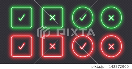 Neon checkmark icons, glowing check buttons, illuminated signs. Neon checkmark icons, glowing check buttons, illuminated signs. 142272900