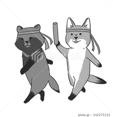 お便りに使いやすいモノクロの動物リレーイラスト 142273132