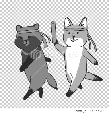 お便りに使いやすいモノクロの動物リレーイラスト 142273132