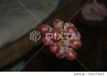 Bunch of fresh red grapes hanging against a dark background with still life Bunch of fresh red grapes hanging against a dark background with still life 142273823