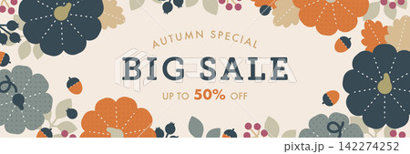 秋のビッグセールバナー かぼちゃと紅葉のイラスト装飾セット 50%オフ販売促進デザイン 142274252