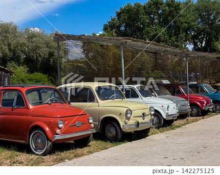 Colorful vintage fiat cars parked in a sunny lineup Colorful vintage fiat cars parked in a sunny lineup 142275125