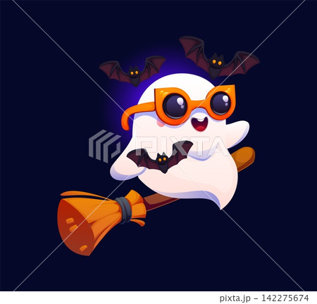 Cute kawaii cartoon ghost Halloween character wearing orange sunglasses rides broomstick through a dark night sky while cheerful bats flutter around. Funny spooky phantom personage celebrating holiday Cute kawaii cartoon ghost Halloween character wearing orange sunglasses rides broomstick through a dark night sky while cheerful bats flutter around. Funny spooky phantom personage celebrating holiday 142275674