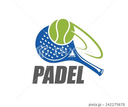 Padel tennis icon featuring blue perforated paddle racket and green ball with dynamic swoosh effect. Bold sport emblem design in blue, green, and gray for padel clubs and sport tournaments Padel tennis icon featuring blue perforated paddle racket and green ball with dynamic swoosh effect. Bold sport emblem design in blue, green, and gray for padel clubs and sport tournaments 142275678
