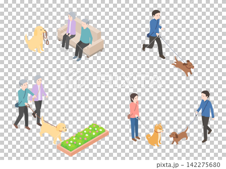 A set of illustrations depicting the lives of people enjoying walking their dogs. A set of illustrations depicting the lives of people enjoying walking their dogs. 142275680