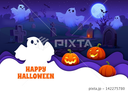 Paper cut Halloween graveyard with scary ghosts. October celebration paper cut vector greeting card, Halloween flyer. Autumn holiday banner with night cemetery graves, pumpkins and scary spirits Paper cut Halloween graveyard with scary ghosts. October celebration paper cut vector greeting card, Halloween flyer. Autumn holiday banner with night cemetery graves, pumpkins and scary spirits 142275780