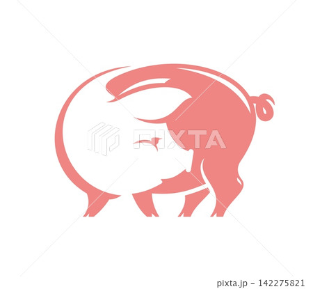 Farm pork meat pig icon, butchery symbol. BBQ meat market vector icon, domestic animal butchery emblem. Pig butcher or agriculture symbol or pork farm label with pink hog or big pig looking back Farm pork meat pig icon, butchery symbol. BBQ meat market vector icon, domestic animal butchery emblem. Pig butcher or agriculture symbol or pork farm label with pink hog or big pig looking back 142275821