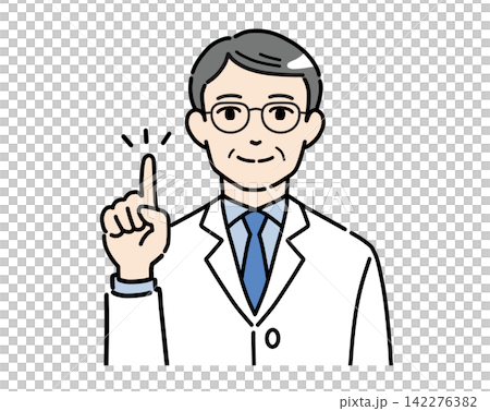 指を立ててポイントを説明する白衣姿のシニア男性のイラスト 指を立ててポイントを説明する白衣姿のシニア男性のイラスト 142276382