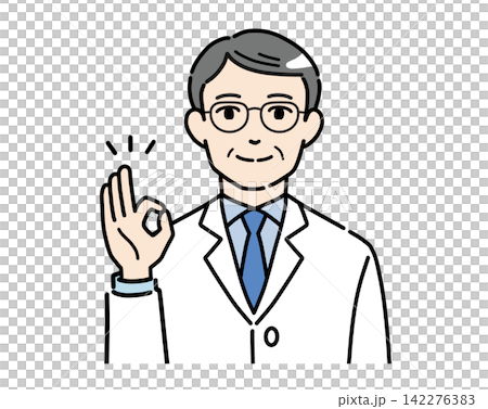 OKサインをする白衣姿のシニア男性のイラスト OKサインをする白衣姿のシニア男性のイラスト 142276383