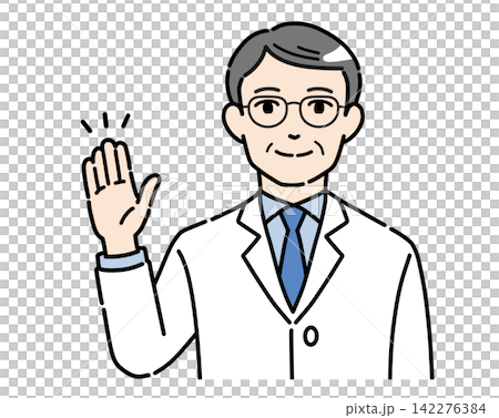 手を挙げて案内する白衣姿のシニア男性のイラスト 手を挙げて案内する白衣姿のシニア男性のイラスト 142276384