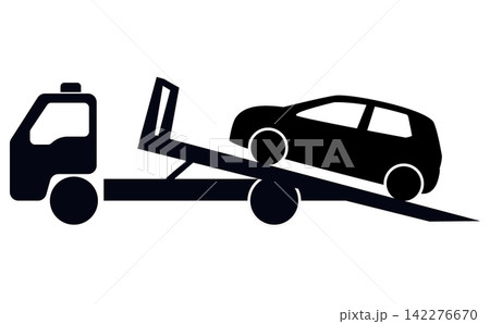乗用車を乗せている途中のレッカー車のシルエットイラスト 乗用車を乗せている途中のレッカー車のシルエットイラスト 142276670
