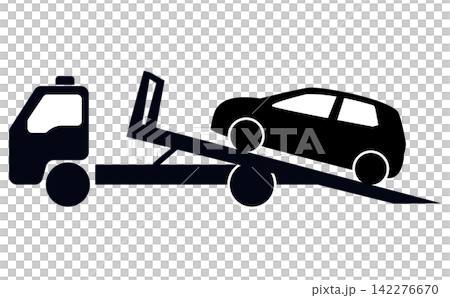 乗用車を乗せている途中のレッカー車のシルエットイラスト 乗用車を乗せている途中のレッカー車のシルエットイラスト 142276670