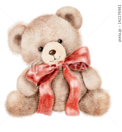 Watercolor teddy bear with soft beige fur and a red bow around its neck, an illustration for nursery decor, children's stationery, greeting cards, gifts, birthdays and Christmas holidays. Watercolor teddy bear with soft beige fur and a red bow around its neck, an illustration for nursery decor, children's stationery, greeting cards, gifts, birthdays and Christmas holidays. 142276981