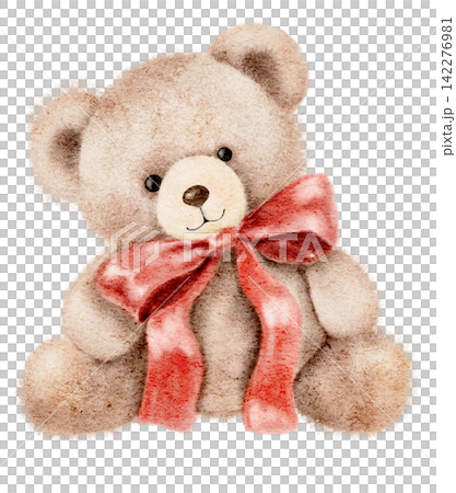 Watercolor teddy bear with soft beige fur and a red bow around its neck, an illustration for nursery decor, children's stationery, greeting cards, gifts, birthdays and Christmas holidays. Watercolor teddy bear with soft beige fur and a red bow around its neck, an illustration for nursery decor, children's stationery, greeting cards, gifts, birthdays and Christmas holidays. 142276981