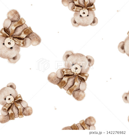 Seamless watercolor pattern with beige teddy bears wearing brown and red bows, arranged in different poses, an illustration for nursery decor, children's stationery, wrapping paper and gifts. 142276982