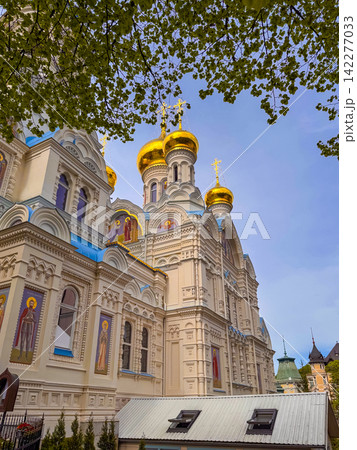 Church in Karlovy Vary, Czechia, with colorful details and blue sky Church in Karlovy Vary, Czechia, with colorful details and blue sky 142277033