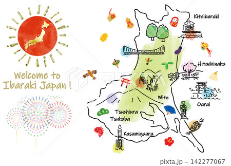 茨城県の観光地と縁起物かわいい線画イラストマップ 茨城県の観光地と縁起物かわいい線画イラストマップ 142277067