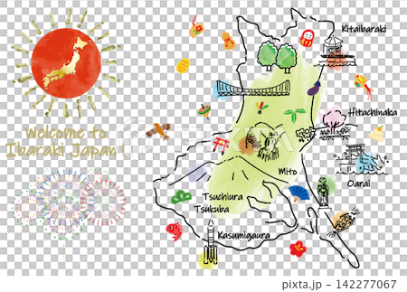 茨城県の観光地と縁起物かわいい線画イラストマップ 茨城県の観光地と縁起物かわいい線画イラストマップ 142277067