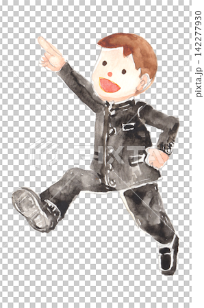 A watercolor illustration of a middle school boy in a school uniform jumping. A watercolor illustration of a middle school boy in a school uniform jumping. 142277930