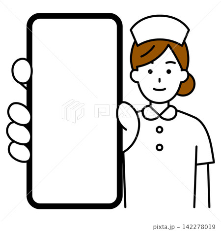 スマホの画面を大きく見せる女性看護師 スマホの画面を大きく見せる女性看護師 142278019